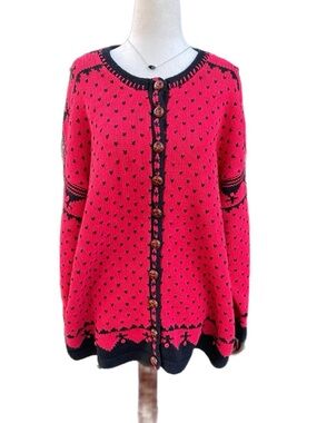 Cardigan Bay ~ Hand Knitted ~ 2 X-Large ~ Red/ Black ~ Heart Designs Sweater